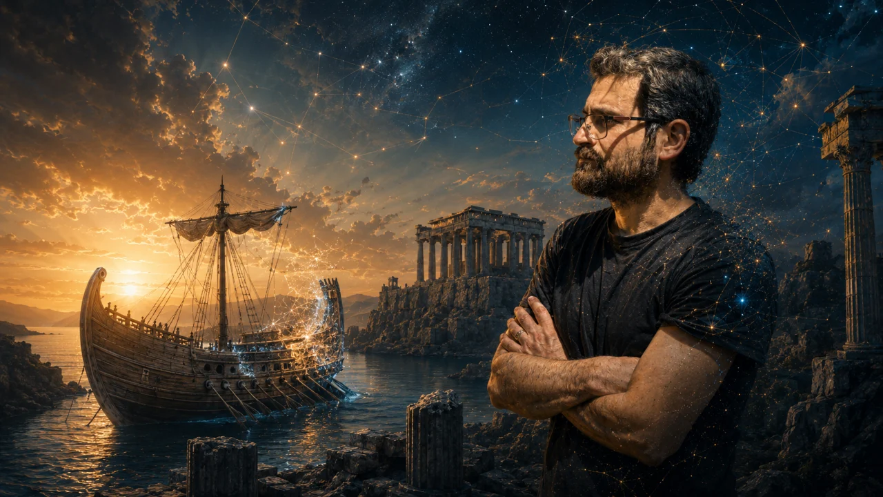 A contemplative human figure surrounded by mythic ruins, cosmic networks, and symbolic fragments, representing the fusion of human cognition and AI.