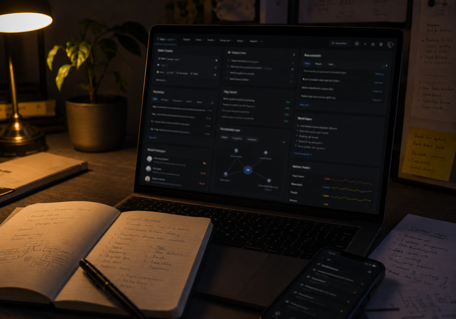 A laptop, notebook, and phone on a desk at night